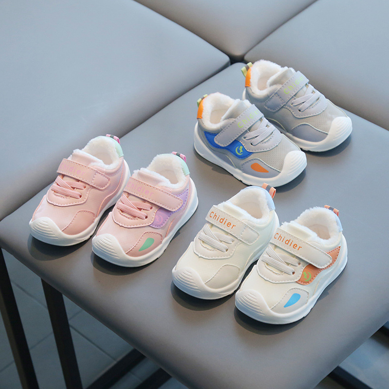 Adidași pentru copii 12–36 luni, iarnă cu căptușeală din fleece, partea superioară din bumbac cu suprafață din piele microfibră, închidere Velcro, talpă anti-derapare