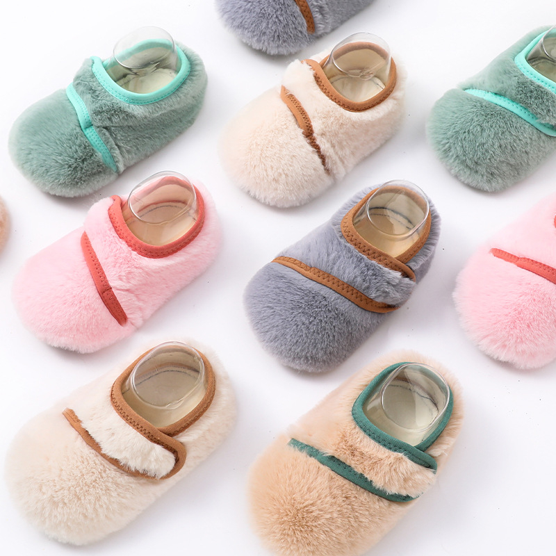 Pantofi-șosete pentru copii pentru uz interior, cu căptușeală din blană de iepure, groși, talie joasă, stil desen animat, pentru 12–36 de luni, iarnă primăvară toamnă, mențin căldura, rezistenți, șterg podeaua