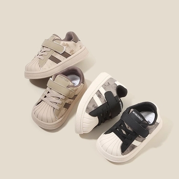Shell-Toe dječje tenisice s Velcro kopčom, mek podplat, za učenje hodanja, proljeće-jesen, prugasti mikrovlaknasti materijal