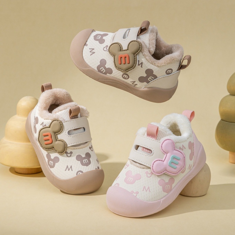 Pantofi din bumbac pentru sugari și copii mici – design desen animat, închidere Velcro, Iarnă 2025, anti-derapare și încălzire
