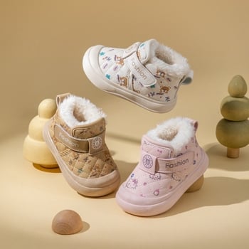 Ghete de iarnă pentru copii, partea superioară din piele sintetică, închidere Velcro, înălțime medie a botelor, căptușeală din catifea