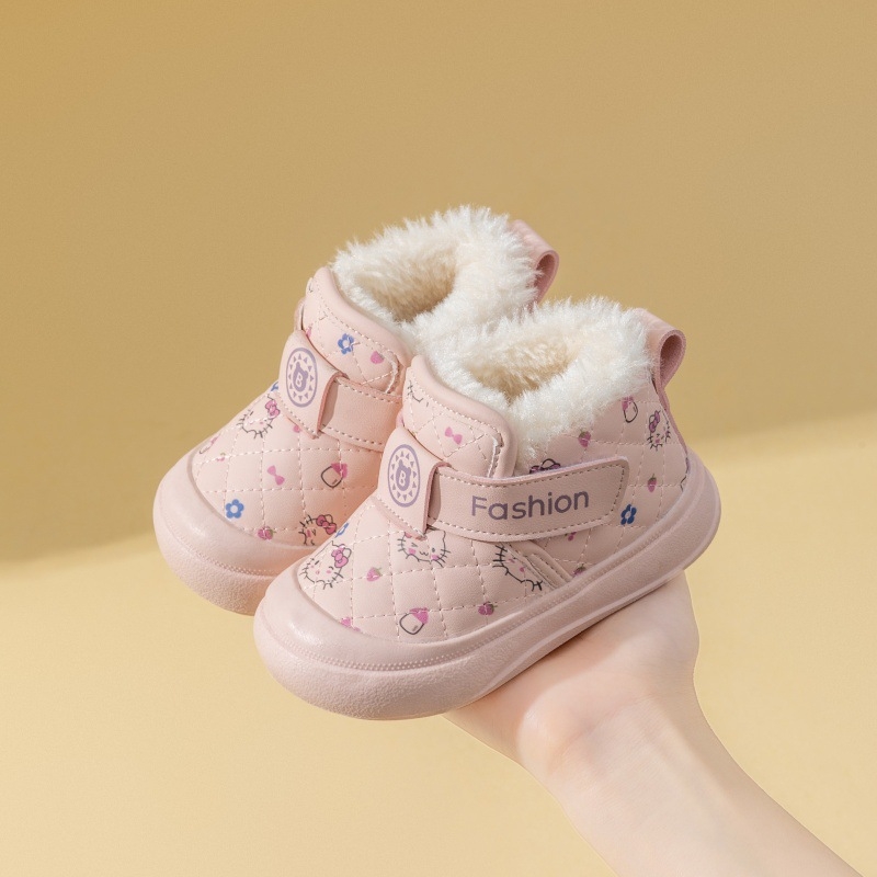 Ghete de iarnă pentru copii, partea superioară din piele sintetică, închidere Velcro, înălțime medie a botelor, căptușeală din catifea