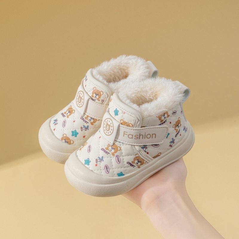 Ghete de iarnă pentru copii, partea superioară din piele sintetică, închidere Velcro, înălțime medie a botelor, căptușeală din catifea