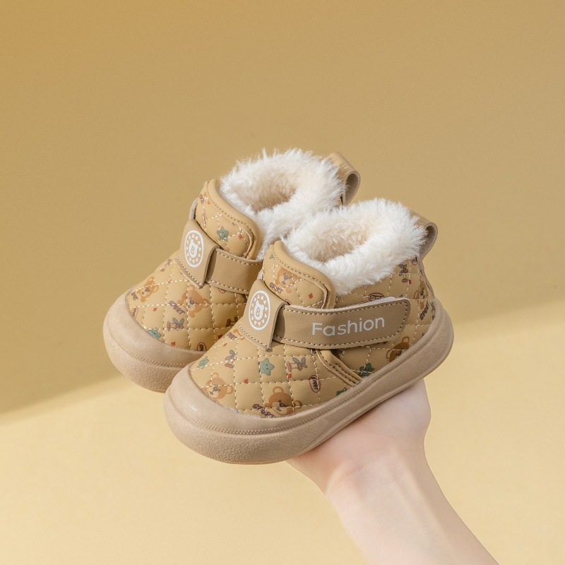 Ghete de iarnă pentru copii, partea superioară din piele sintetică, închidere Velcro, înălțime medie a botelor, căptușeală din catifea