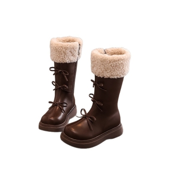 Ghete înalte pentru fete, stil prințesă, exterior PU, căptușite cu blană artificială, talpă din cauciuc, fermoar lateral, încălțăminte de iarnă 2025