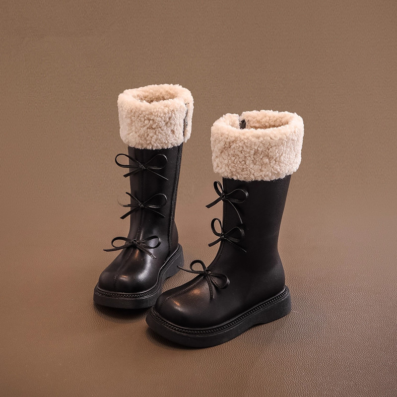 Ghete înalte pentru fete, stil prințesă, exterior PU, căptușite cu blană artificială, talpă din cauciuc, fermoar lateral, încălțăminte de iarnă 2025