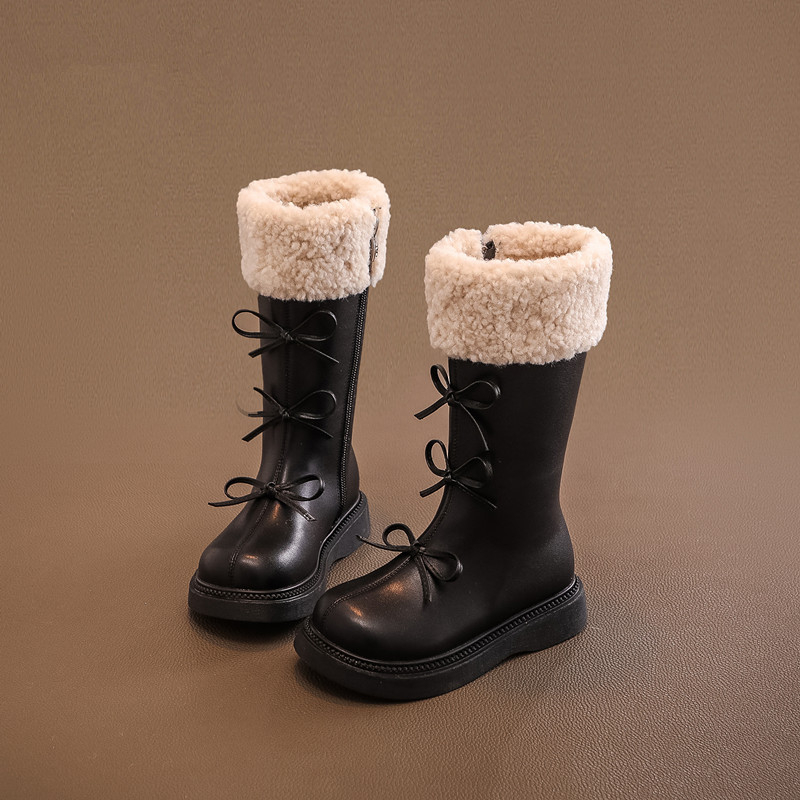 Ghete înalte pentru fete, stil prințesă, exterior PU, căptușite cu blană artificială, talpă din cauciuc, fermoar lateral, încălțăminte de iarnă 2025