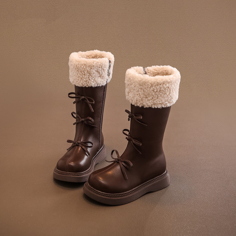 Ghete înalte pentru fete, stil prințesă, exterior PU, căptușite cu blană artificială, talpă din cauciuc, fermoar lateral, încălțăminte de iarnă 2025