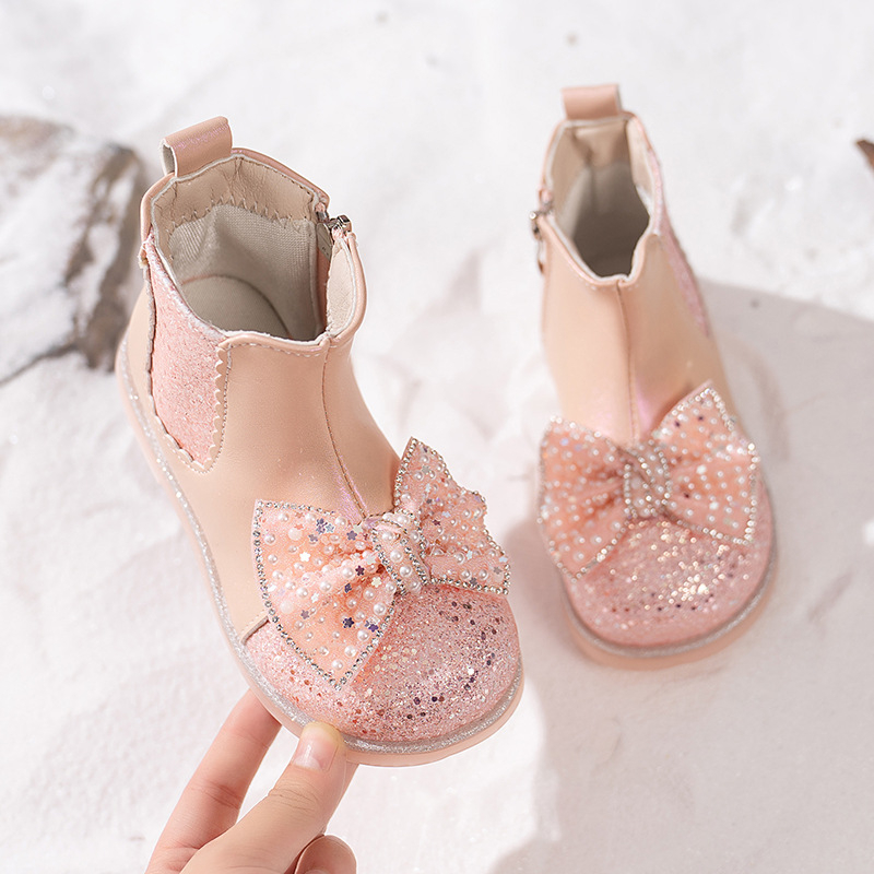 Bocanci Martin pentru fete, fermoar lateral, exterior din piele microfibră, talpă PVC, branț din piele artificială, gleznă joasă