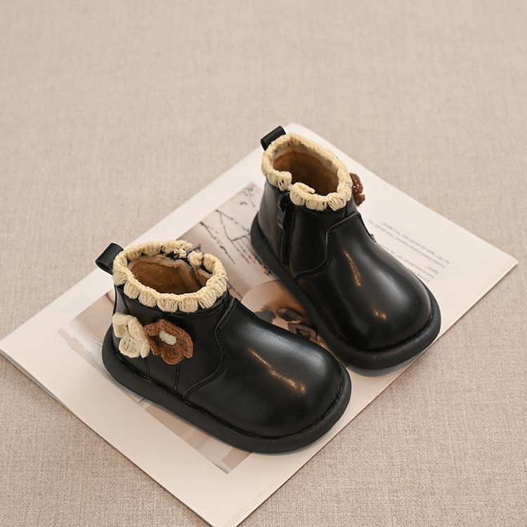 Ghete Martins pentru fetițe, căptușite cu fleece, fermoar lateral, talpă din cauciuc, glezna joasă, pentru iarnă și toamnă