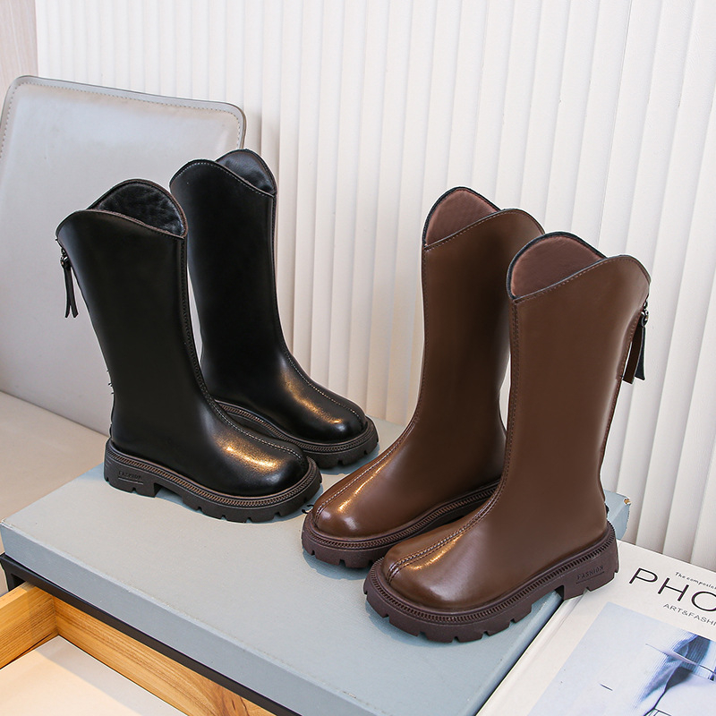 Cizme înalte pentru fetițe, model 2025, partea superioară din piele sintetică, talpă din cauciuc, fermoar pe spate, calde și antiderapante, pentru vârste 4–16 ani