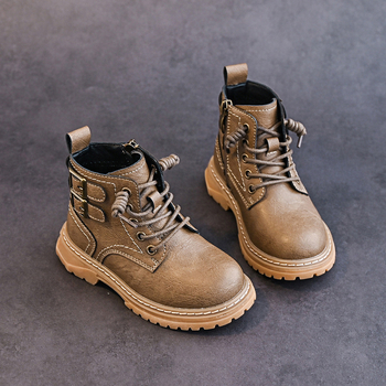 Ghete Martin pentru copii băieți, partea superioară din piele, căptușeală din blană artificială, impermeabile, talpă antiderapantă, fermoar lateral