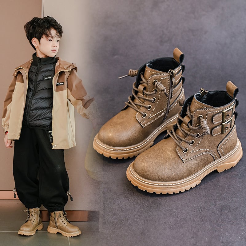 Ghete Martin pentru copii băieți, partea superioară din piele, căptușeală din blană artificială, impermeabile, talpă antiderapantă, fermoar lateral