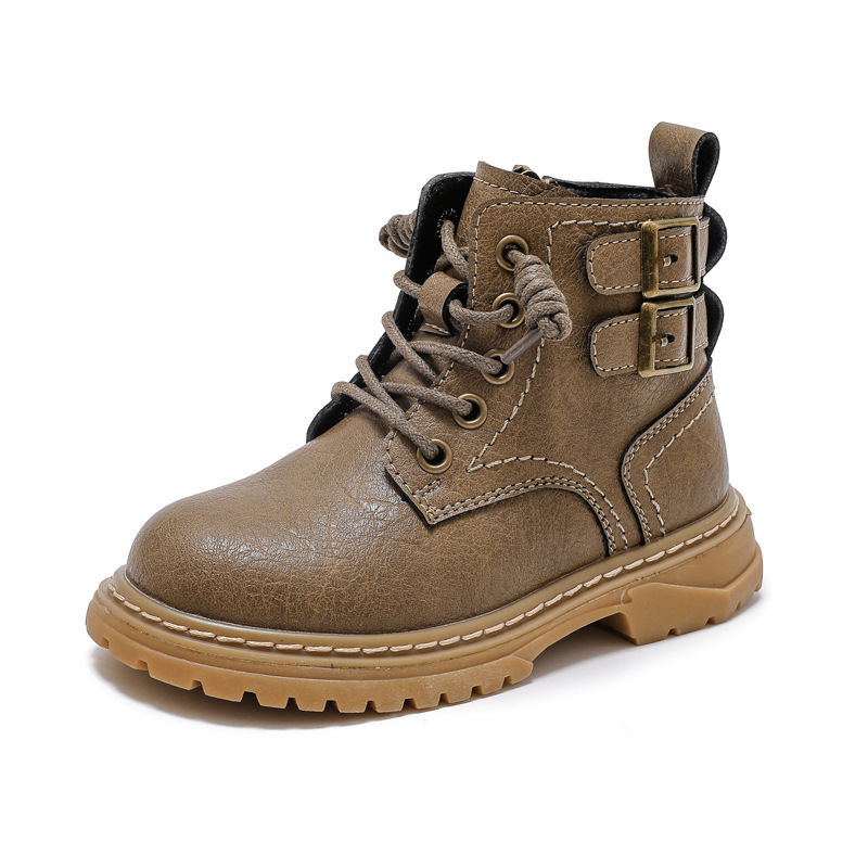 Ghete Martin pentru copii băieți, partea superioară din piele, căptușeală din blană artificială, impermeabile, talpă antiderapantă, fermoar lateral