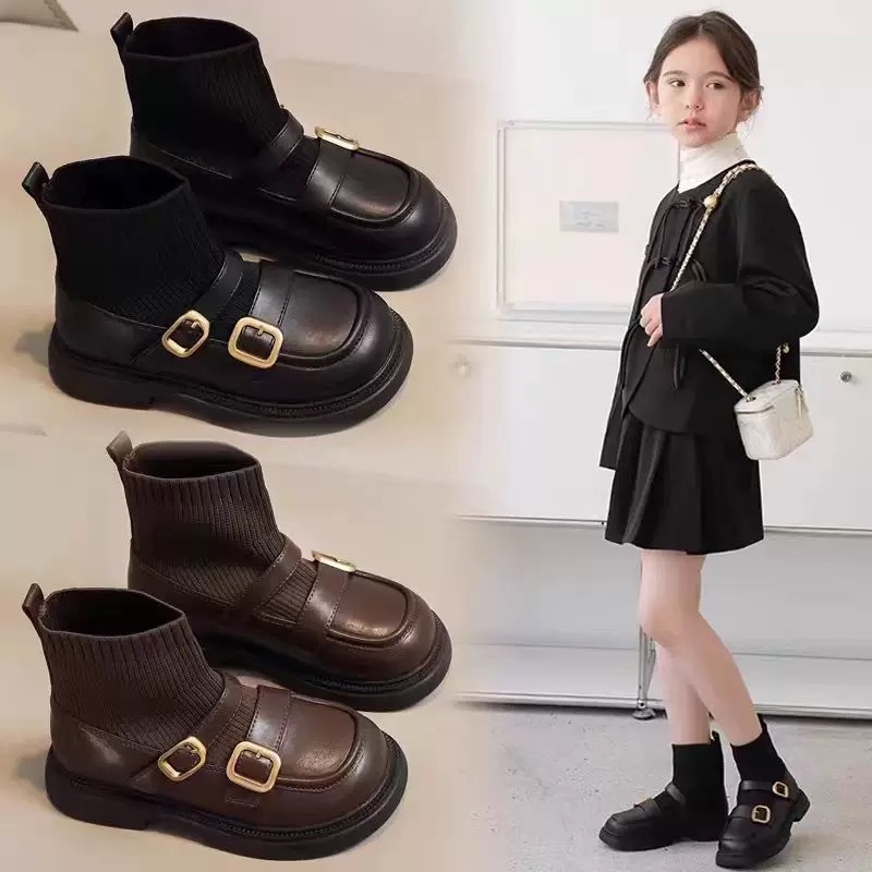 Dječje čizme-čarape za djevojčice, mekana koža, crne kratke čizme, britanski stil, za jesen, zimu i proljeće