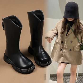 Lányoknak divatos csizma, magas szárú, mikro bőrhatású felsőrész, hátoldali cipzár, 2025 ősz-tél–tavasz