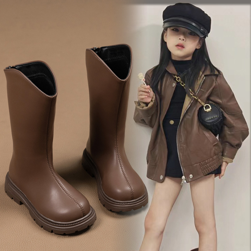 Lányoknak divatos csizma, magas szárú, mikro bőrhatású felsőrész, hátoldali cipzár, 2025 ősz-tél–tavasz