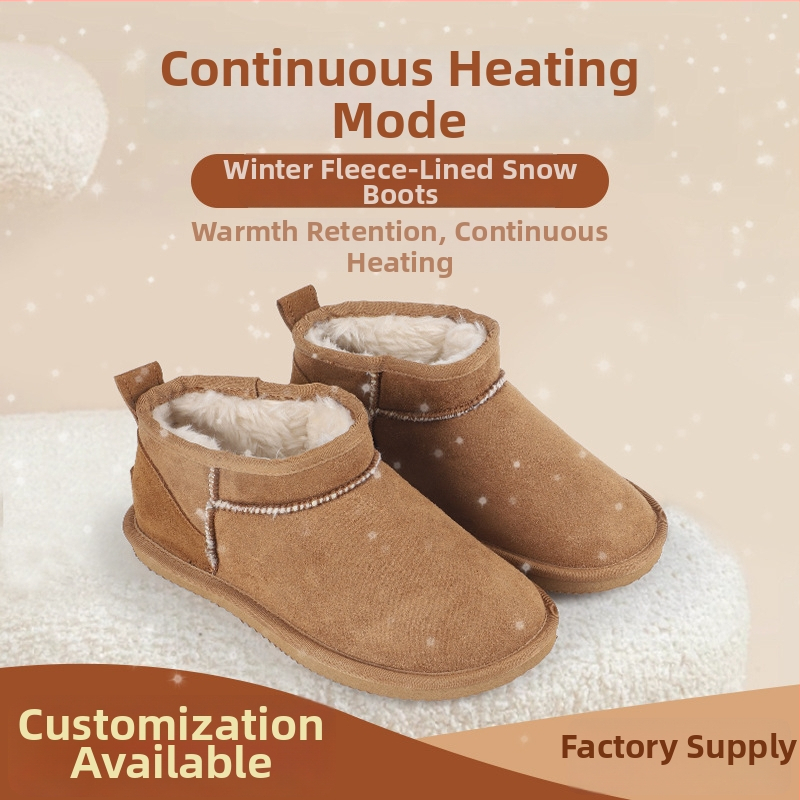 Зимни кожени дамски ботуши за глезена, набук горна част, топла подплата, изкуствен пух в стелка, подметка TPR, 2 cm ток