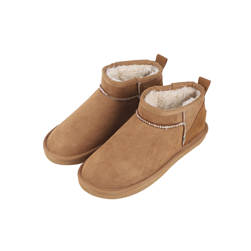 Зимни кожени дамски ботуши за глезена, набук горна част, топла подплата, изкуствен пух в стелка, подметка TPR, 2 cm ток