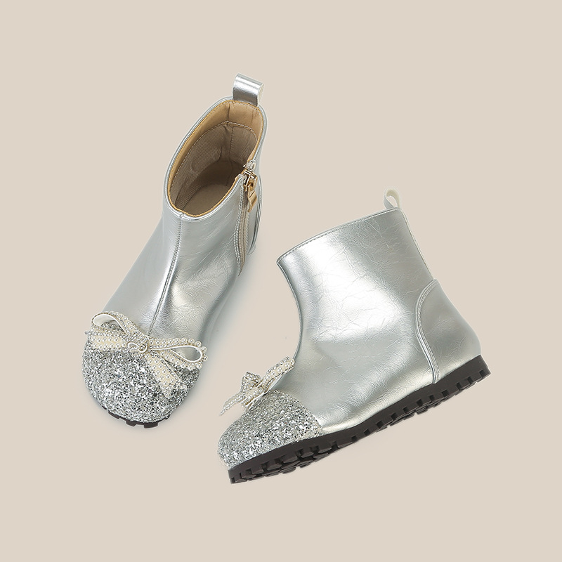 Djevojačke čizme s perlama i mašnicom, kratke čizme, zima 2025, podstavljena umjetnim krznom, stil princeze