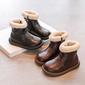 Ghete de iarnă pentru fetițe, cu căptușeală pufoasă, partea superioară din piele artificială, talpă din cauciuc, branț PU, fermoar lateral