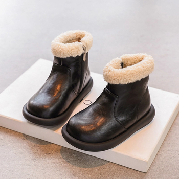 Ghete de iarnă pentru fetițe, cu căptușeală pufoasă, partea superioară din piele artificială, talpă din cauciuc, branț PU, fermoar lateral