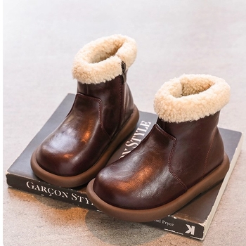 Ghete de iarnă pentru fetițe, cu căptușeală pufoasă, partea superioară din piele artificială, talpă din cauciuc, branț PU, fermoar lateral