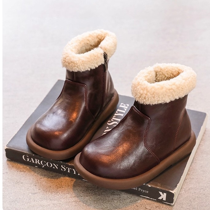 Ghete de iarnă pentru fetițe, cu căptușeală pufoasă, partea superioară din piele artificială, talpă din cauciuc, branț PU, fermoar lateral