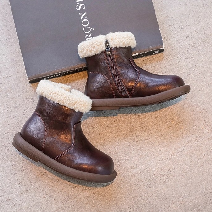 Ghete de iarnă pentru fetițe, cu căptușeală pufoasă, partea superioară din piele artificială, talpă din cauciuc, branț PU, fermoar lateral