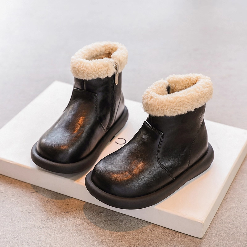 Ghete de iarnă pentru fetițe, cu căptușeală pufoasă, partea superioară din piele artificială, talpă din cauciuc, branț PU, fermoar lateral