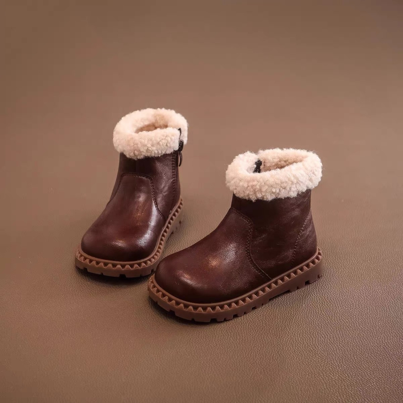 Ghete scurte pentru fete, stil Martin, iarnă, căptușite cu fleece, suprafața din piele microfibră, talpă din cauciuc, fermoar lateral, gleznă joasă