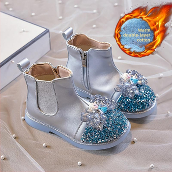 Ghete pentru fetițe cu model Cartoon, căptușite cu fleece, partea superioară din piele artificială, branț PU, talpă PVC, fermoar lateral