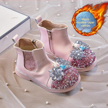 Ghete pentru fetițe cu model Cartoon, căptușite cu fleece, partea superioară din piele artificială, branț PU, talpă PVC, fermoar lateral