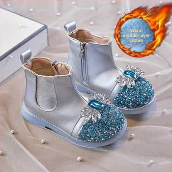 Ghete pentru fetițe cu model Cartoon, căptușite cu fleece, partea superioară din piele artificială, branț PU, talpă PVC, fermoar lateral