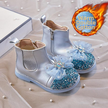 Ghete pentru fetițe cu model Cartoon, căptușite cu fleece, partea superioară din piele artificială, branț PU, talpă PVC, fermoar lateral