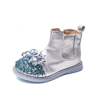 Ghete pentru fetițe cu model Cartoon, căptușite cu fleece, partea superioară din piele artificială, branț PU, talpă PVC, fermoar lateral