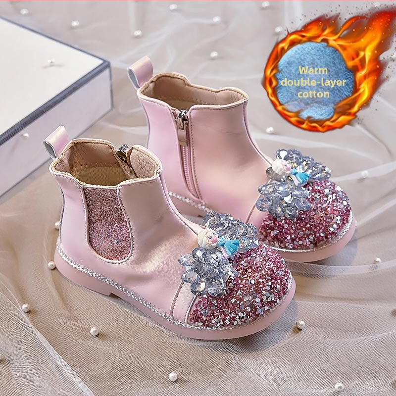 Ghete pentru fetițe cu model Cartoon, căptușite cu fleece, partea superioară din piele artificială, branț PU, talpă PVC, fermoar lateral