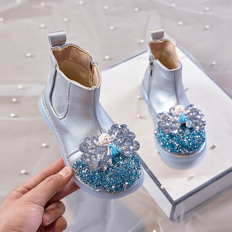 Ghete pentru fetițe cu model Cartoon, căptușite cu fleece, partea superioară din piele artificială, branț PU, talpă PVC, fermoar lateral