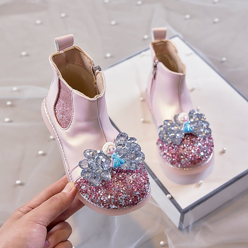 Ghete pentru fetițe cu model Cartoon, căptușite cu fleece, partea superioară din piele artificială, branț PU, talpă PVC, fermoar lateral