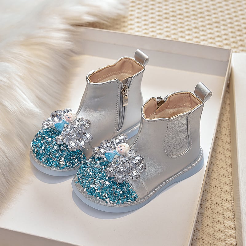 Ghete pentru fetițe cu model Cartoon, căptușite cu fleece, partea superioară din piele artificială, branț PU, talpă PVC, fermoar lateral