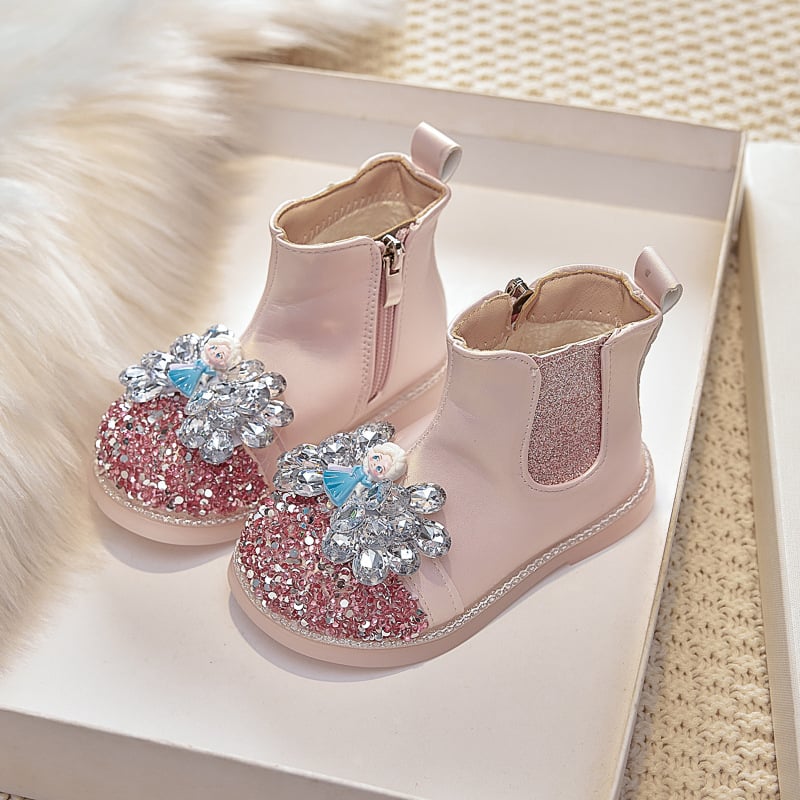 Ghete pentru fetițe cu model Cartoon, căptușite cu fleece, partea superioară din piele artificială, branț PU, talpă PVC, fermoar lateral