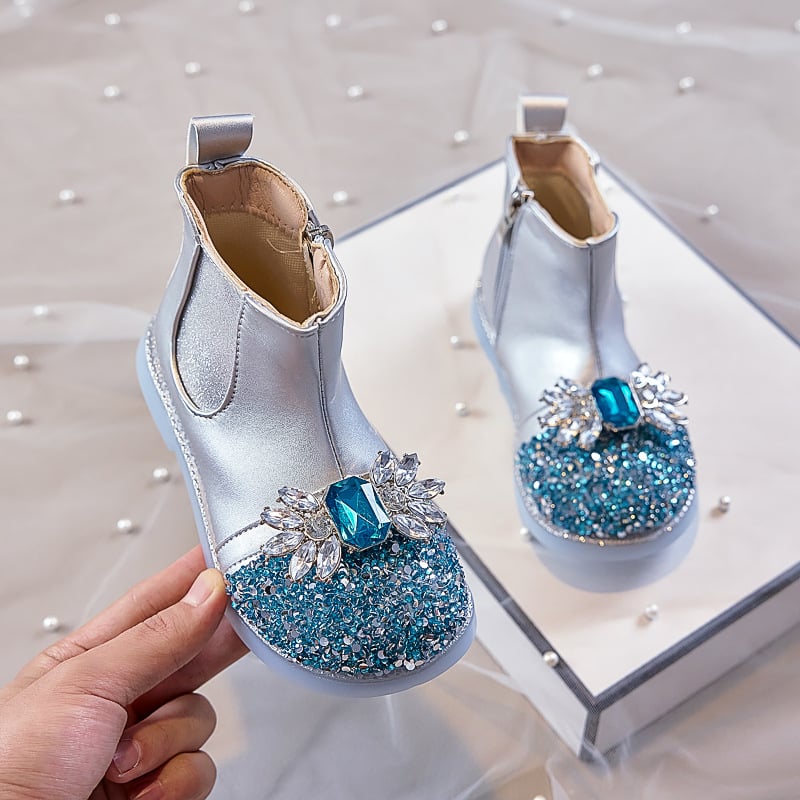 Ghete pentru fetițe cu model Cartoon, căptușite cu fleece, partea superioară din piele artificială, branț PU, talpă PVC, fermoar lateral