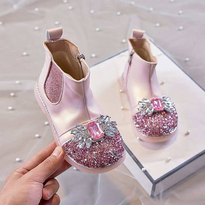 Ghete pentru fetițe cu model Cartoon, căptușite cu fleece, partea superioară din piele artificială, branț PU, talpă PVC, fermoar lateral