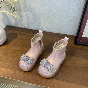Botosei pentru fetițe, stil prințesă - decor din cristale, căptușeală fleece, suprafață lucioasă (partea superioară PU; talpă din cauciuc; fermoar lateral; înălțime medie)
