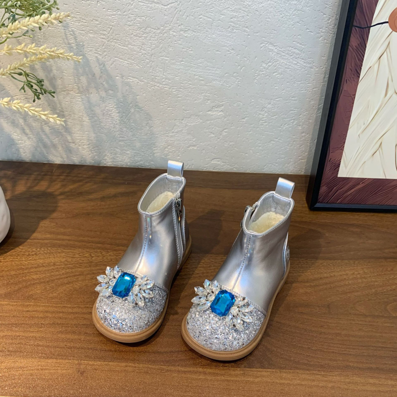 Botosei pentru fetițe, stil prințesă - decor din cristale, căptușeală fleece, suprafață lucioasă (partea superioară PU; talpă din cauciuc; fermoar lateral; înălțime medie)