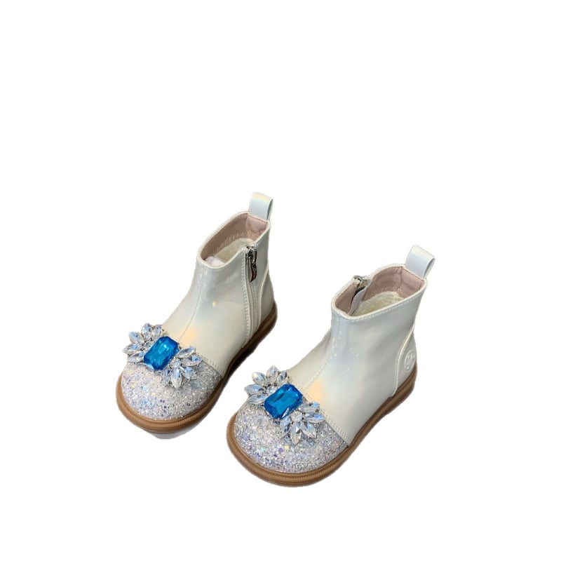 Botosei pentru fetițe, stil prințesă - decor din cristale, căptușeală fleece, suprafață lucioasă (partea superioară PU; talpă din cauciuc; fermoar lateral; înălțime medie)