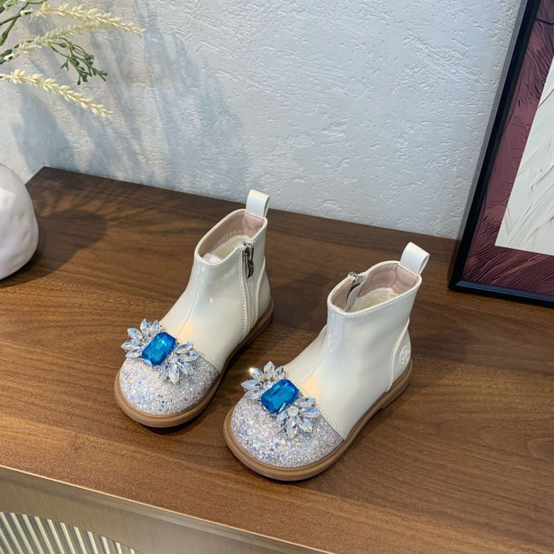 Botosei pentru fetițe, stil prințesă - decor din cristale, căptușeală fleece, suprafață lucioasă (partea superioară PU; talpă din cauciuc; fermoar lateral; înălțime medie)