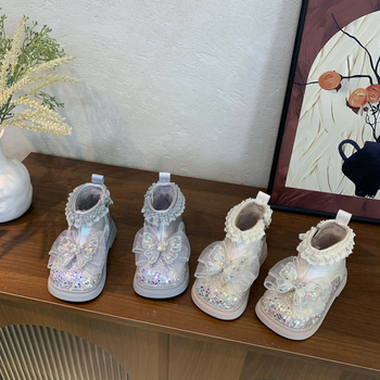 Ghete de iarnă pentru fete, stil prințesă, dantelă, funda, fermoar lateral, talpă din cauciuc