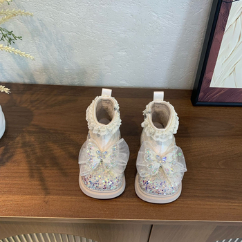 Ghete de iarnă pentru fete, stil prințesă, dantelă, funda, fermoar lateral, talpă din cauciuc