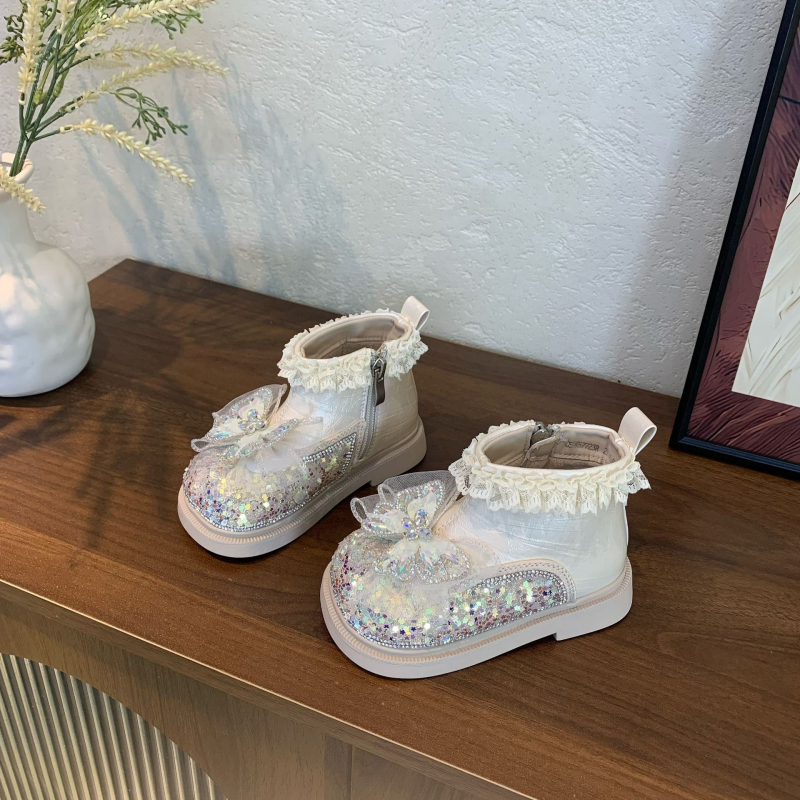 Ghete de iarnă pentru fete, stil prințesă, dantelă, funda, fermoar lateral, talpă din cauciuc